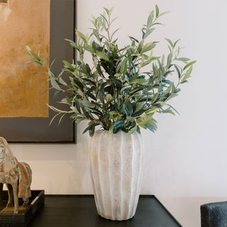 Elegant 30" Faux Olive Arrangement in Artisan Vase by CG Hunter, showcasing realistic olive branches and lush green leaves in a sophisticated cream vase, perfect for enhancing home decor.