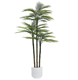 7' Artificial Palm Tree by CG Hunter in a textured white planter, highlighting its lush and vibrant fronds, ideal for adding a serene touch to any modern living space.