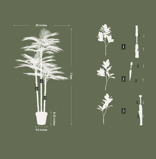 Detailed illustration of the 7' Artificial Palm Tree by CG Hunter, including dimensions and features, emphasizing its luxurious design and maintenance-free appeal.
