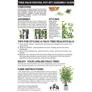 Assembly guide for a 6ft Tree Palm Fishtail pot plant with step-by-step instructions.