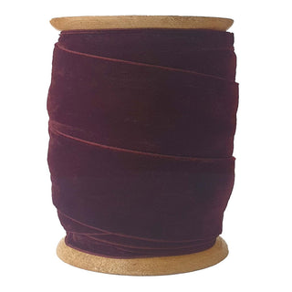 Luxurious Wide Hand Dyed Velvet Ribbon in Burgundy from CG Hunter, elegantly wound on a handmade wooden spool.