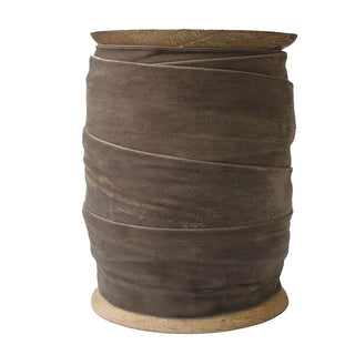 Wide Hand Dyed Velvet Ribbon Dark Brown 10 Yards Per Spool by CG Hunter, elegantly displayed on a handcrafted wooden spool, showcasing its luxurious texture and rich color.