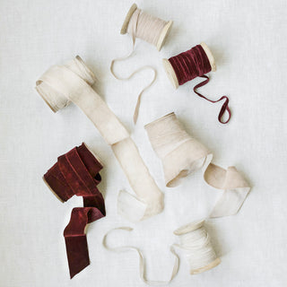 Elegant assortment of hand-dyed velvet ribbons from CG Hunter, featuring soft and rich textures, perfect for luxurious DIY projects and home décor. Hand Dyed Velvet Ribbon 10 Yards Per Spool – Set of 2.