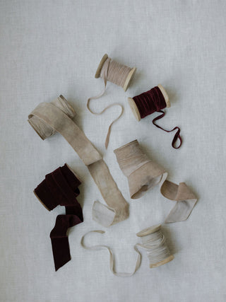 Luxurious hand-dyed velvet ribbon spools in various natural tones, 10 yards per spool, by CG Hunter.