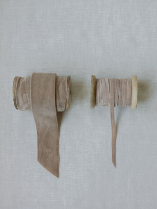 Stylish hand-dyed velvet ribbon in delicate taupe hues, embodying artisanal charm by CG Hunter, perfect for both festive and everyday projects – Hand Dyed Velvet Ribbon 10 Yards Per Spool.