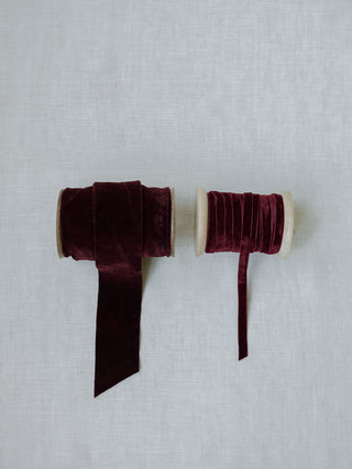 Rich burgundy hand-dyed velvet ribbon, exuding sophistication and warmth, ideal for seasonal décor and elegant gifts by CG Hunter – Hand Dyed Velvet Ribbon 10 Yards Per Spool.