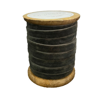 CG Hunter Narrow Hand Dyed Velvet Ribbon Dark Grey, elegantly displayed on a handmade wooden spool, showcasing its luxurious texture and artisanal craftsmanship, perfect for sophisticated decor.