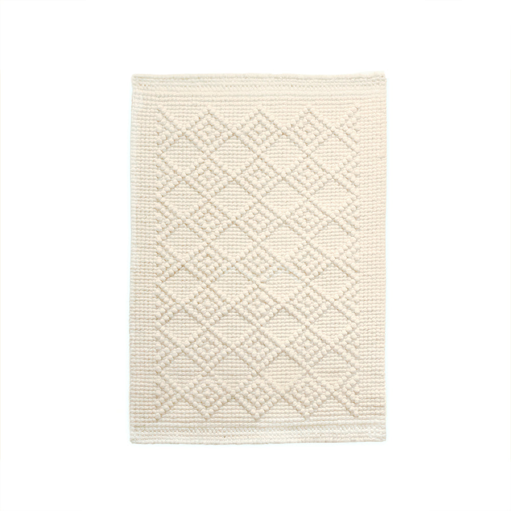 White wool rug with luxury geometric diamond texture from CG Hunter in 2 feet by 3 feet