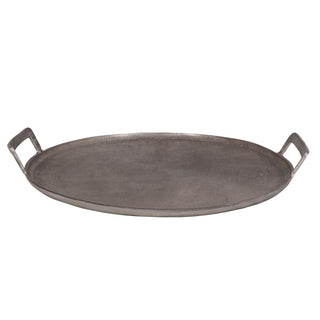 Sleek oval aluminum serving tray by CG Hunter, featuring sturdy handles, perfect for modern and rustic decor, ideal for serving or displaying.