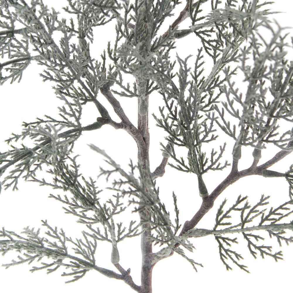 Close-up of the realistic details of CG Hunter 27" Flocked Cedar Stem, highlighting the frosted finish and intricate evergreen needle design, ideal for winter decorations.
