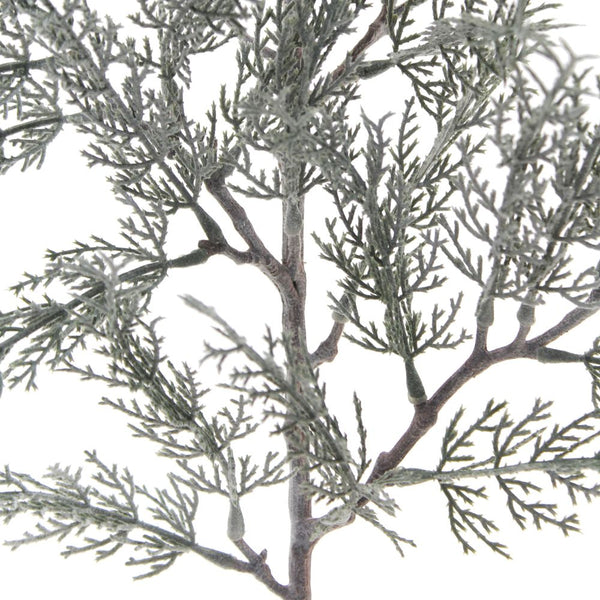 Close-up of the realistic details of CG Hunter 27" Flocked Cedar Stem, highlighting the frosted finish and intricate evergreen needle design, ideal for winter decorations.