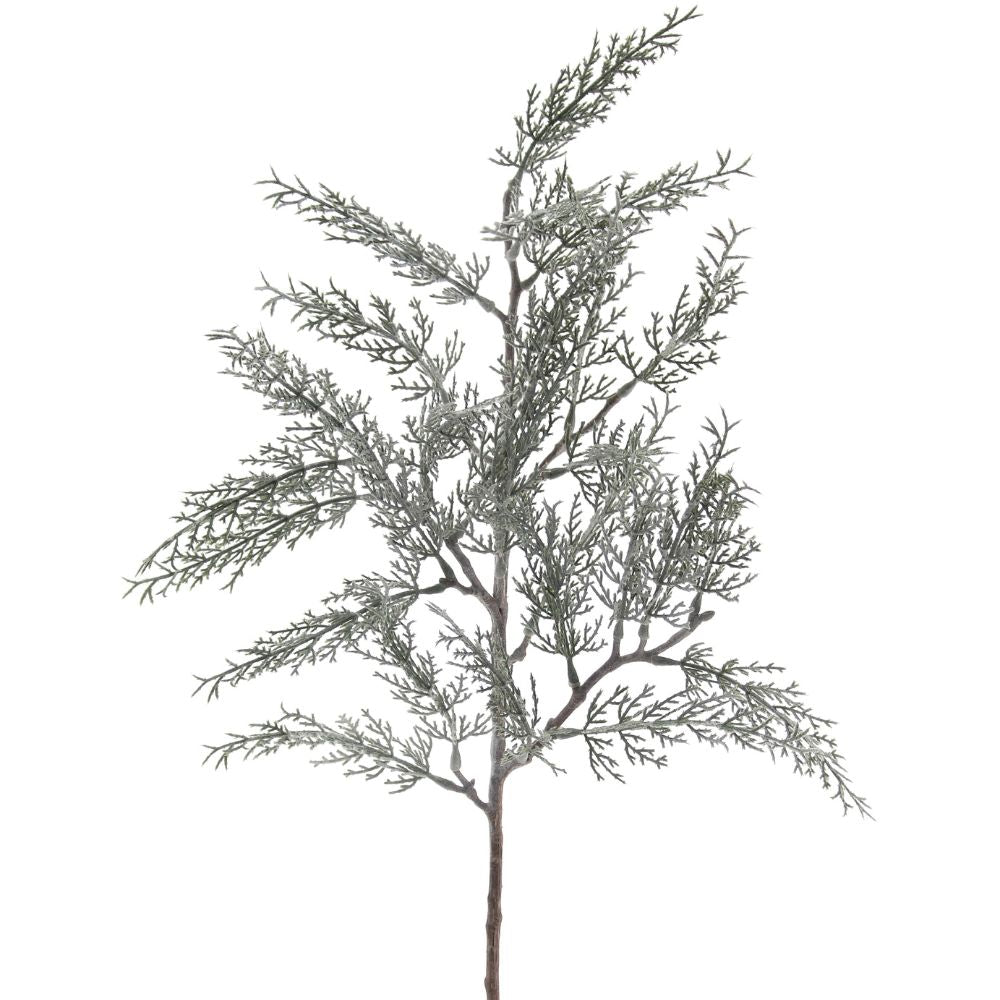 27" Flocked Cedar Stem by CG Hunter, showcasing a beautifully detailed faux cedar branch with a frosted finish, perfect for adding a touch of winter elegance to home decor.