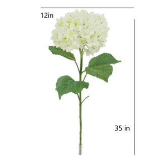 Artificial flower stem with white flowers and green leaves, shown with measurements on a white background.