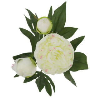 Artificial flower arrangement with white flowers and green leaves on a white background
