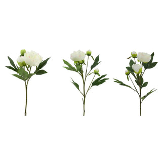Three artificial flower branches with white flowers and green leaves on a white background
