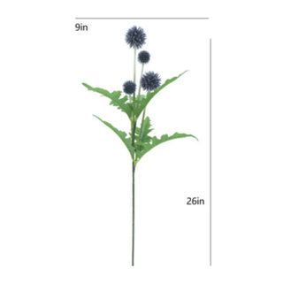 Artificial flower stem with blue flowers and green leaves, shown with measurements on a white background.