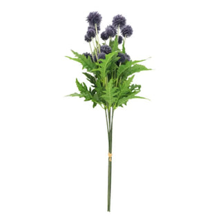 Artificial plant with purple flowers and green leaves on a white background
