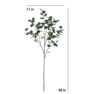 Artificial eucalyptus branch with dimensions on a white background