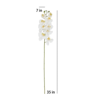 Artificial white orchid stem with measurement details on a white background