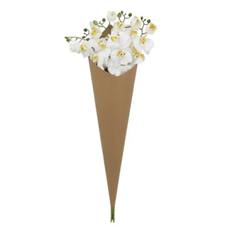 Bouquet of white flowers in a brown paper cone on a white background