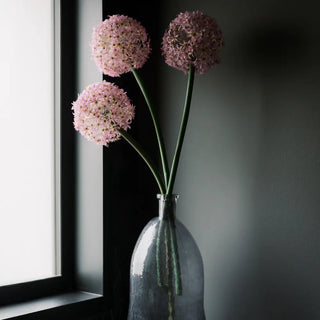 Three pink flowers in a clear glass vase against a dark wall with a window on the left.