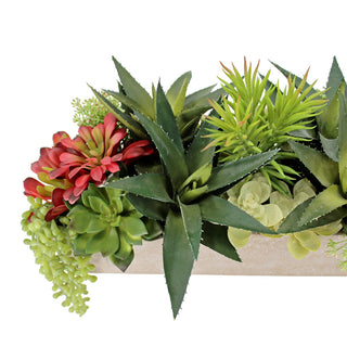 Captivating close-up of a rectangular artificial succulent arrangement by CG Hunter, featuring vivid faux plants and a stylish natural pot, ideal for elevating any living space with elegance.