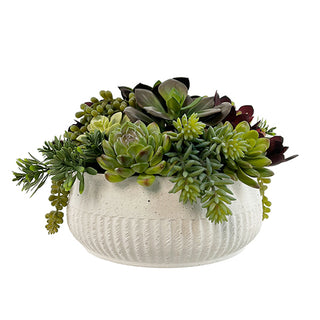 Elegant 12" Faux Succulent Arrangement by CG Hunter in a textured white ceramic pot, featuring an assortment of lifelike succulents that enhances sophisticated interiors.