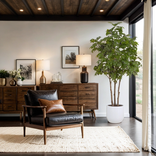 Elegant interior scene featuring the 7' Faux Potted Sumac Tree by CG Hunter, perfectly complementing modern furnishings and creating a sophisticated ambiance.