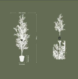 Sizing diagram for CG Hunter's 7' Artificial Slim Olive Tree, showcasing dimensions for easy placement in small areas.