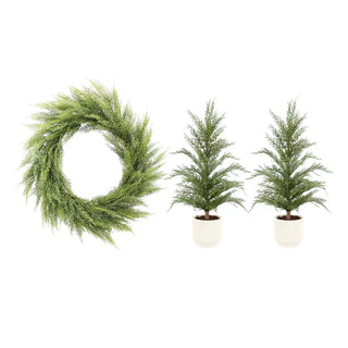 Faux Cedar Trees and Wreath Bundle, Set of 3