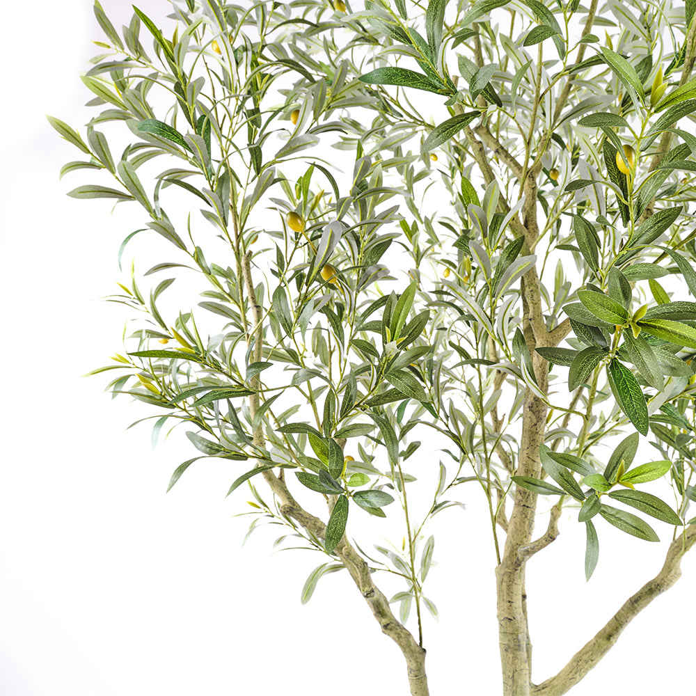 Closeup of CG Hunter Faux Olive tree silk lifelike leaves and handpainted stems and trunk