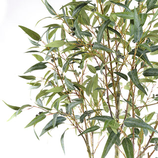 Close-up of the lifelike leaves of the 7' Artificial Willow Eucalyptus Tree with Artisan Planter by CG Hunter, showcasing exquisite detail and natural beauty.