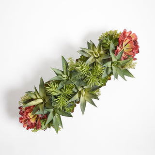 Top view of an exquisite rectangular artificial succulent arrangement by CG Hunter, showcasing vibrant colors and intricate details for upscale decor.