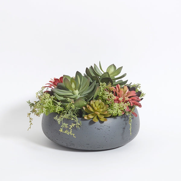 Faux Round Succulent Arrangement in modern gray pot with a variety of fake succulents with different colors, styles, and textures to leave you wondering - is this real or fake?
