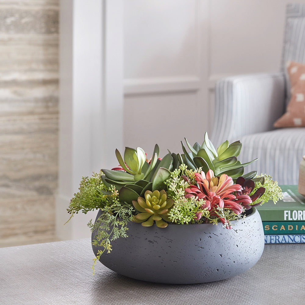 Faux Round Succulent Arrangement in modern gray pot adds a touch of nature to any living room and perfect for a coffee table