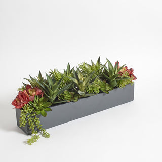 Luxurious rectangular artificial succulent arrangement by CG Hunter in a modern grey planter, featuring a vibrant mix of lifelike succulent plants.
