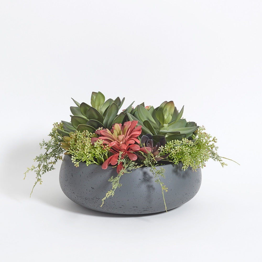 succulents faux Round Succulent Arrangement – Gray Planter