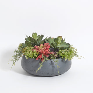 Luxurious round artificial succulent arrangement in a modern gray planter by CG Hunter, showcasing richly colored faux succulents formed together for an elegant home decor centerpiece.