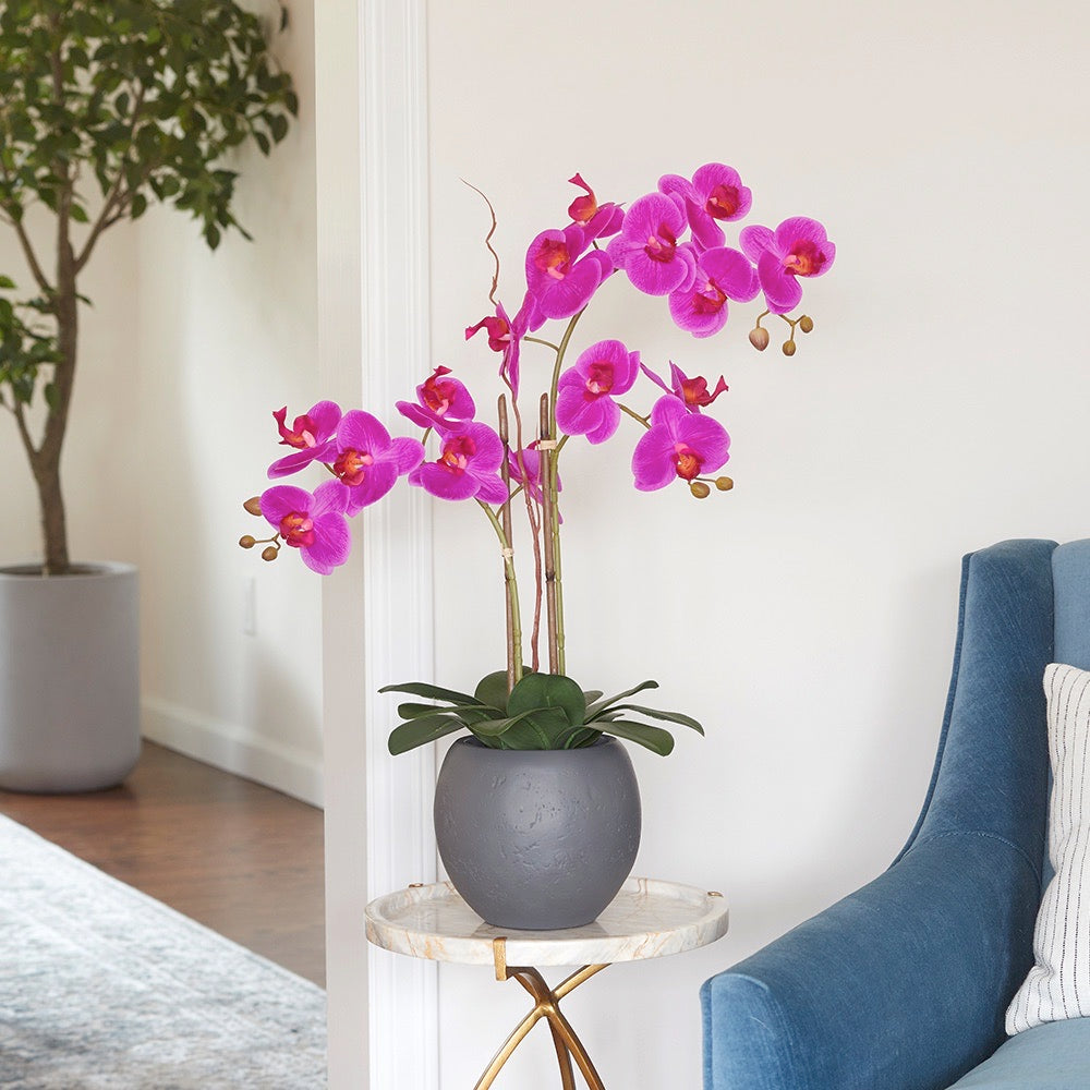 Faux Pink Double Stem Orchid in modern gray pot