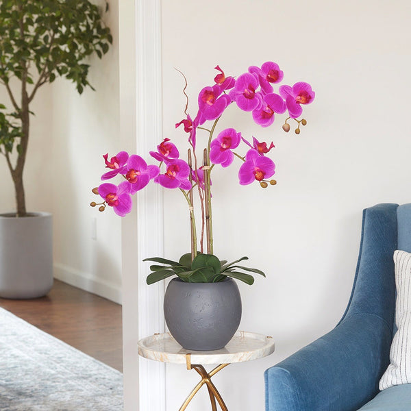 Faux Pink Double Stem Orchid in modern gray pot