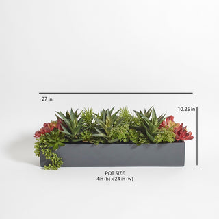 Sophisticated rectangular artificial succulent arrangement by CG Hunter displayed with precise dimensions, highlighting its chic design and luxurious aesthetic for indoor or outdoor settings.