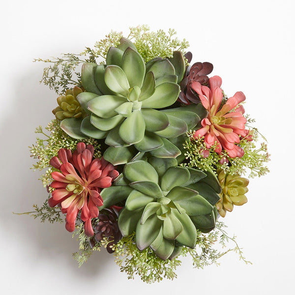 Faux Round Succulent Arrangement in modern gray pot - a closeup overhead view of the fake arrangement with a variety of fake succulents with different colors, styles, and textures to leave you wondering - is this real or fake?