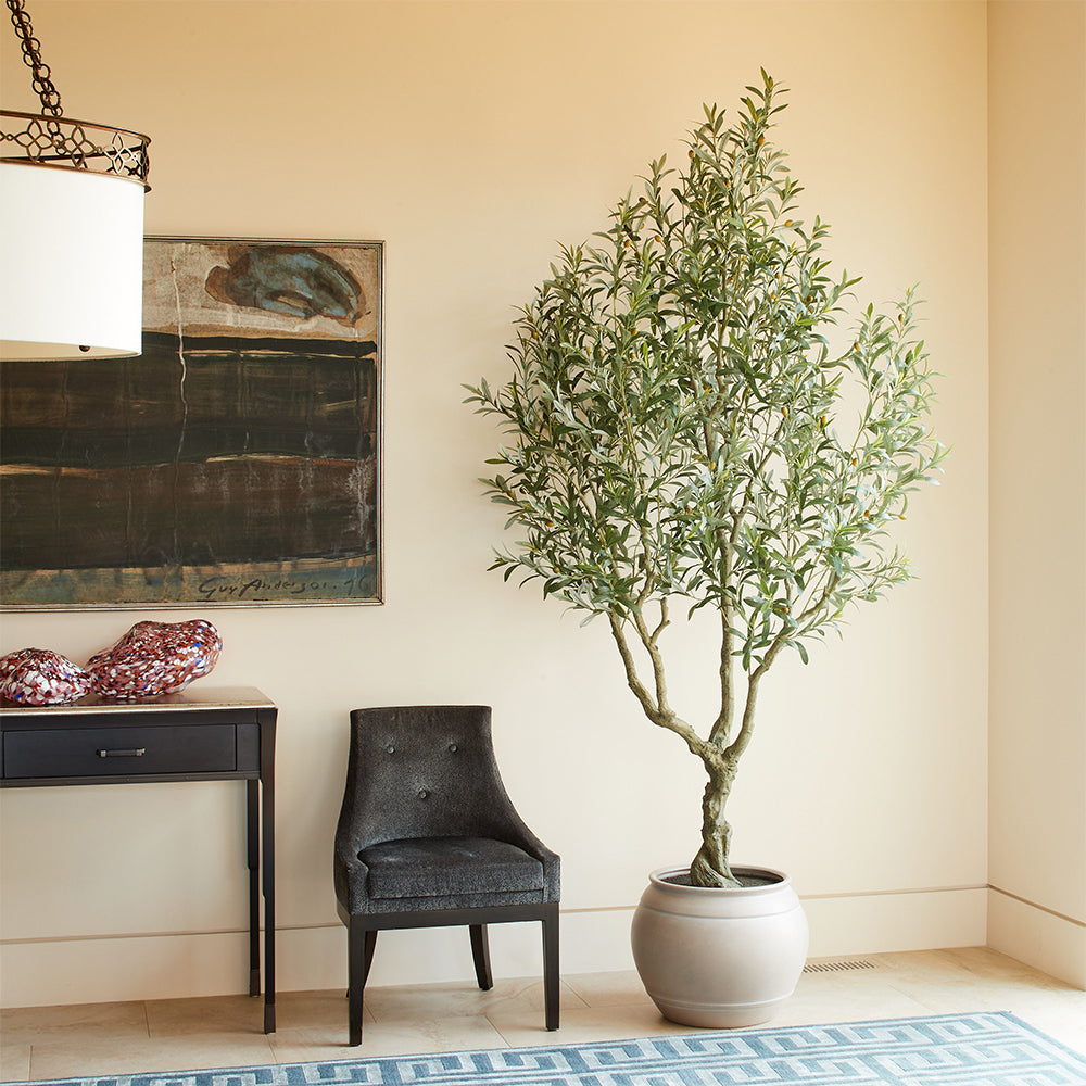 CG Hunter Faux 8.5' Oliver Tree in Artisan Mediterranean Planter in dining room