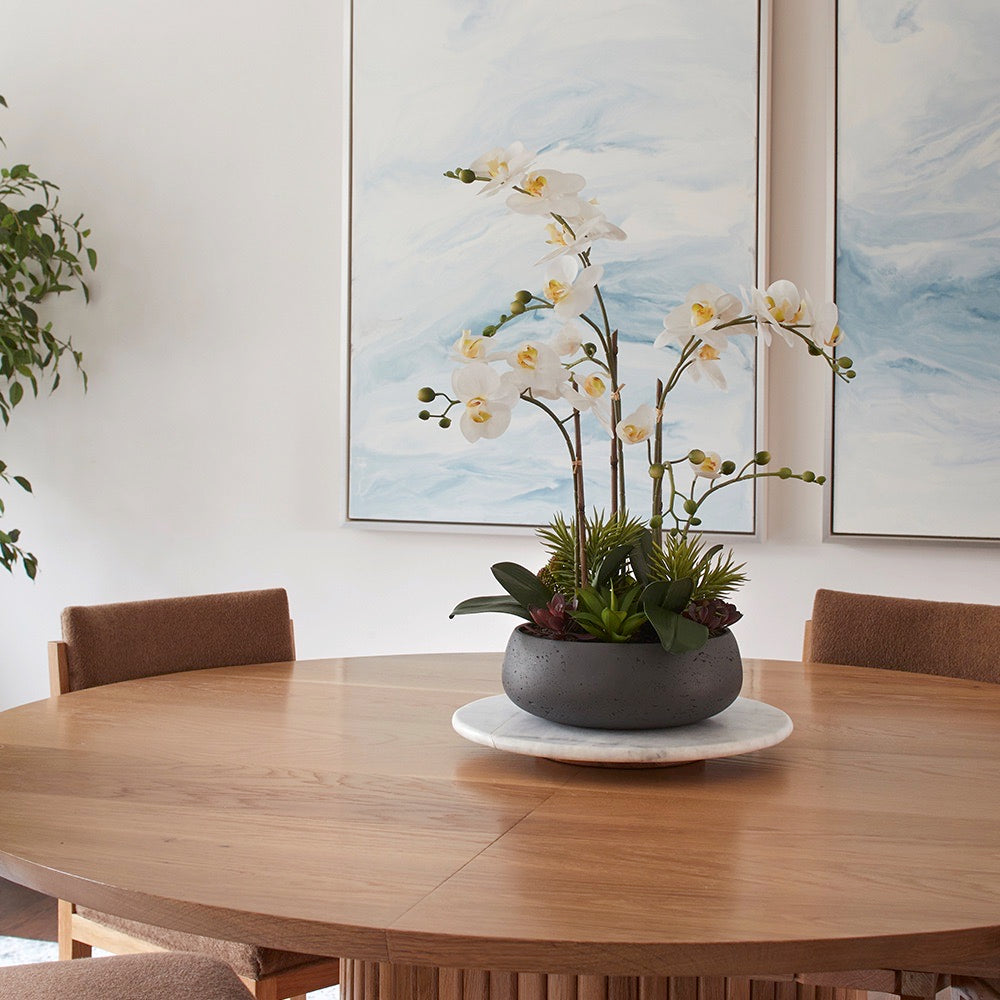 Faux Orchid with Succulents in gray modern pot enhances any dining room table