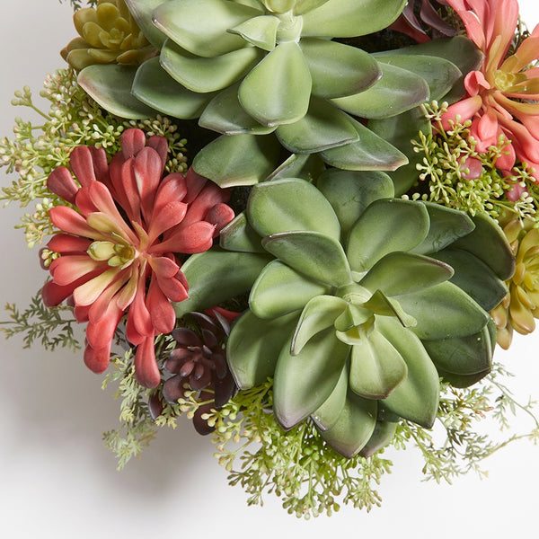 Faux Round Succulent Arrangement closeup to see all the different varieties of faux succulents, colors, and textures used to make this arrangement look realistic and lifelike.