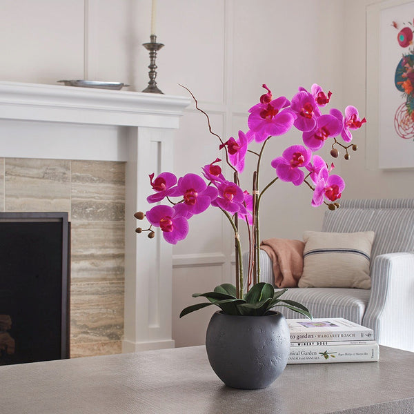 Faux Pink Double Stem Orchid in modern gray pot adds color to any living room coffee table 