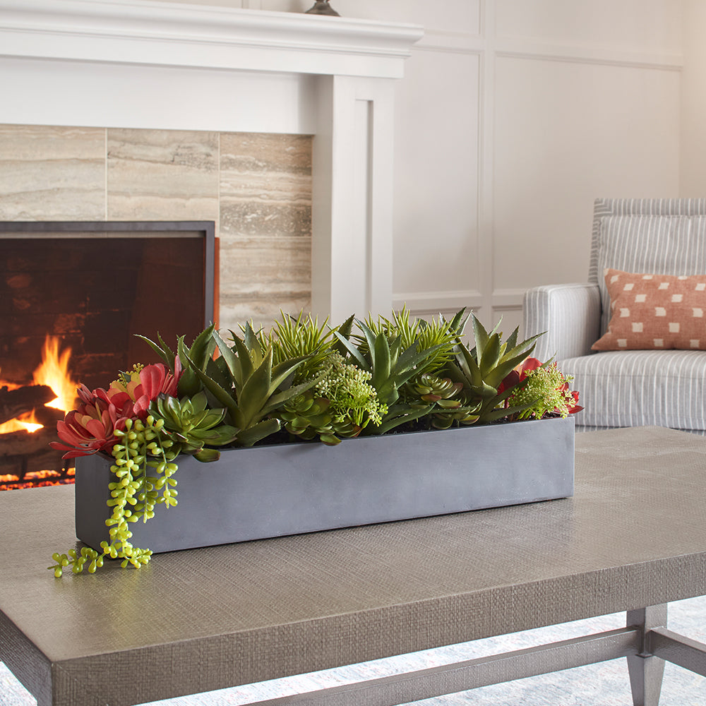 Faux Oblong Succulent Arrangement on coffee table with gray modern pot