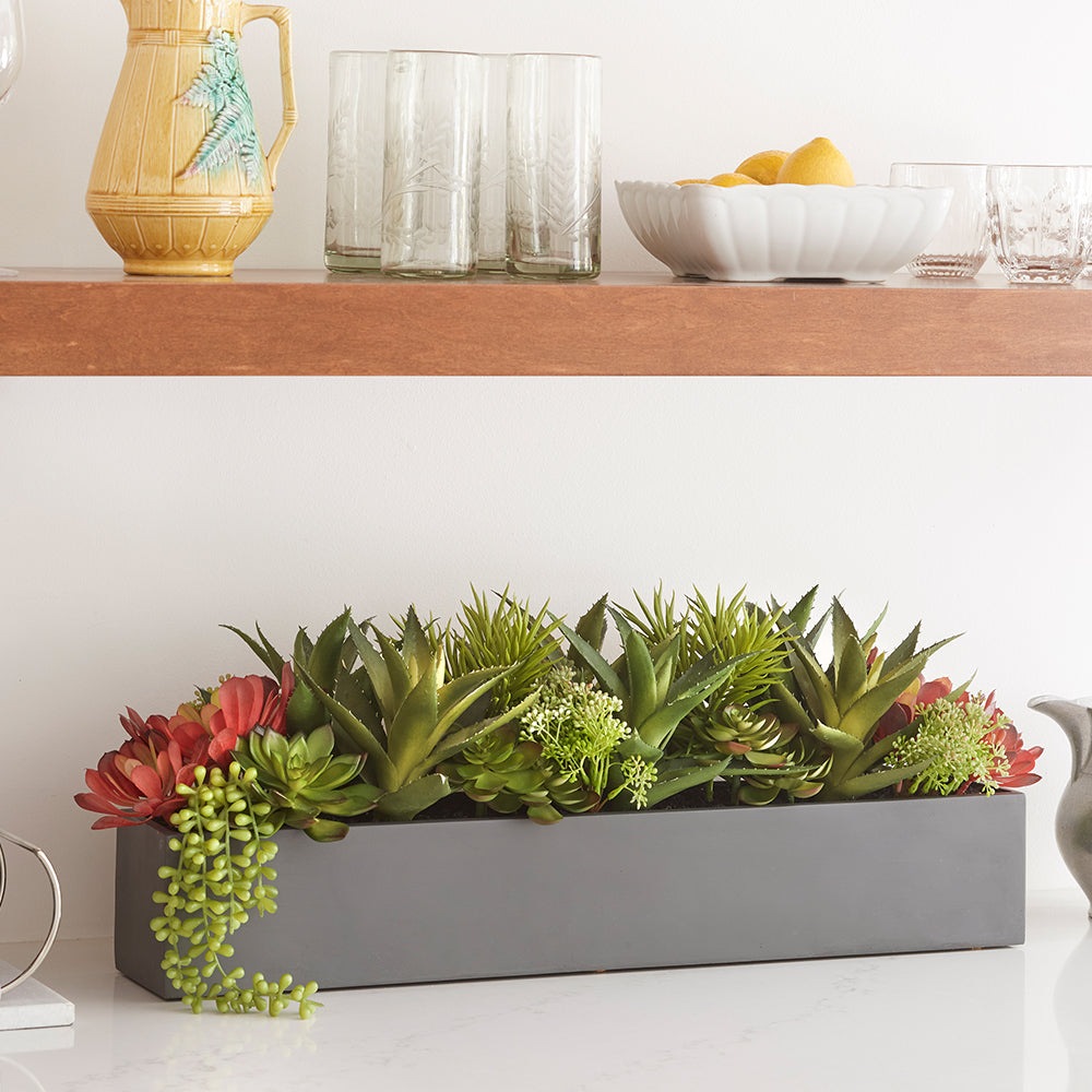 long skinny succulent planter Artificial Succulent Arrangement in Gray Planter