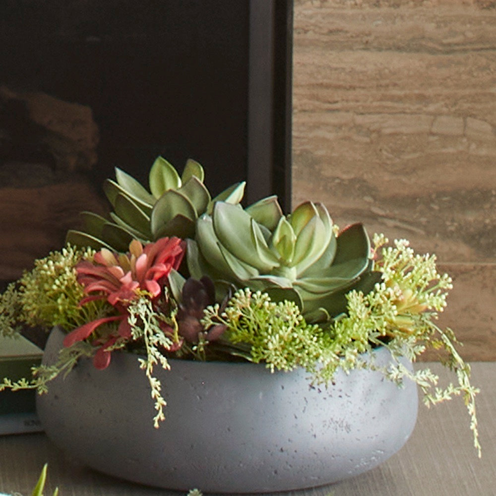 large faux succulent centerpiece Round Succulent Arrangement – Gray Planter