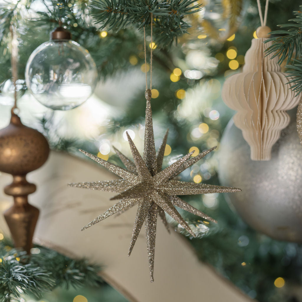 Final Espresso Glass Ornament on Midnight Star Collection Tree with Gold Glitter Starburst and handcut paper ornaments